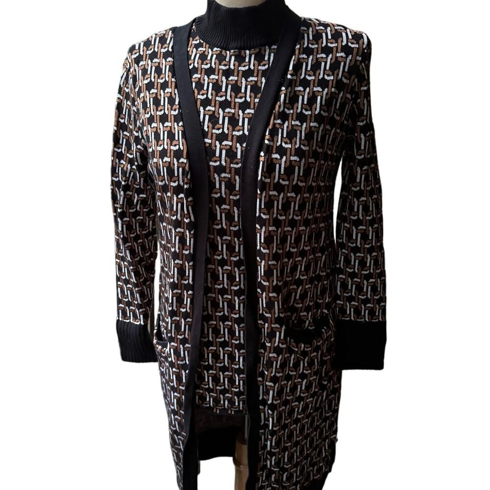 Chico's 2 Piece Set Womens Size 0 Black Geometric Jacquard Sweater Tank Cardigan